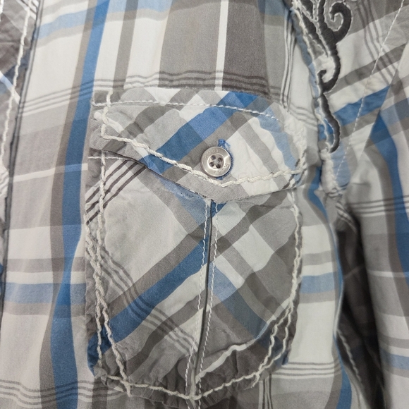 Roar Men's Gray and Blue Plaid Shirt with Embroidery Size L - Picture 9 of 13